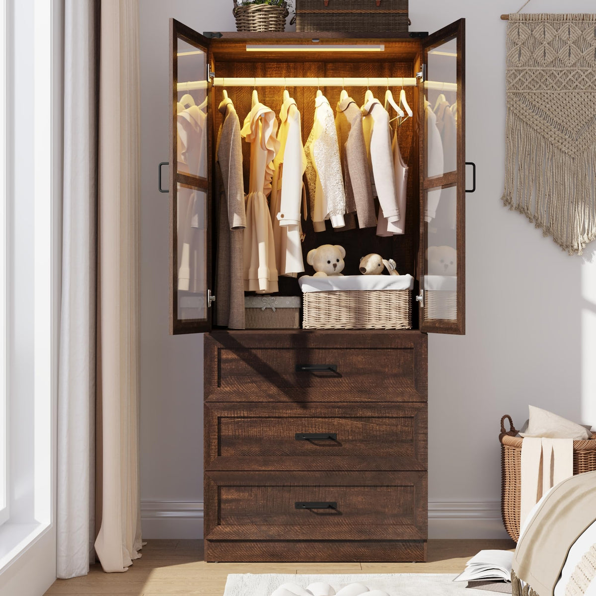 75" Tall Farmhouse 2 Doors Armoire Wardrobe Closet with 3 Drawers and LED,Freestanding Closet Wardrobe Cabinet for Bedroom with Hanging Rod,Wooden Armoire Storage Cabinet with Adjustable shelve(Black)