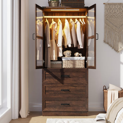 75" Tall Farmhouse 2 Doors Armoire Wardrobe Closet with 3 Drawers and LED,Freestanding Closet Wardrobe Cabinet for Bedroom with Hanging Rod,Wooden Armoire Storage Cabinet with Adjustable shelve(Black)