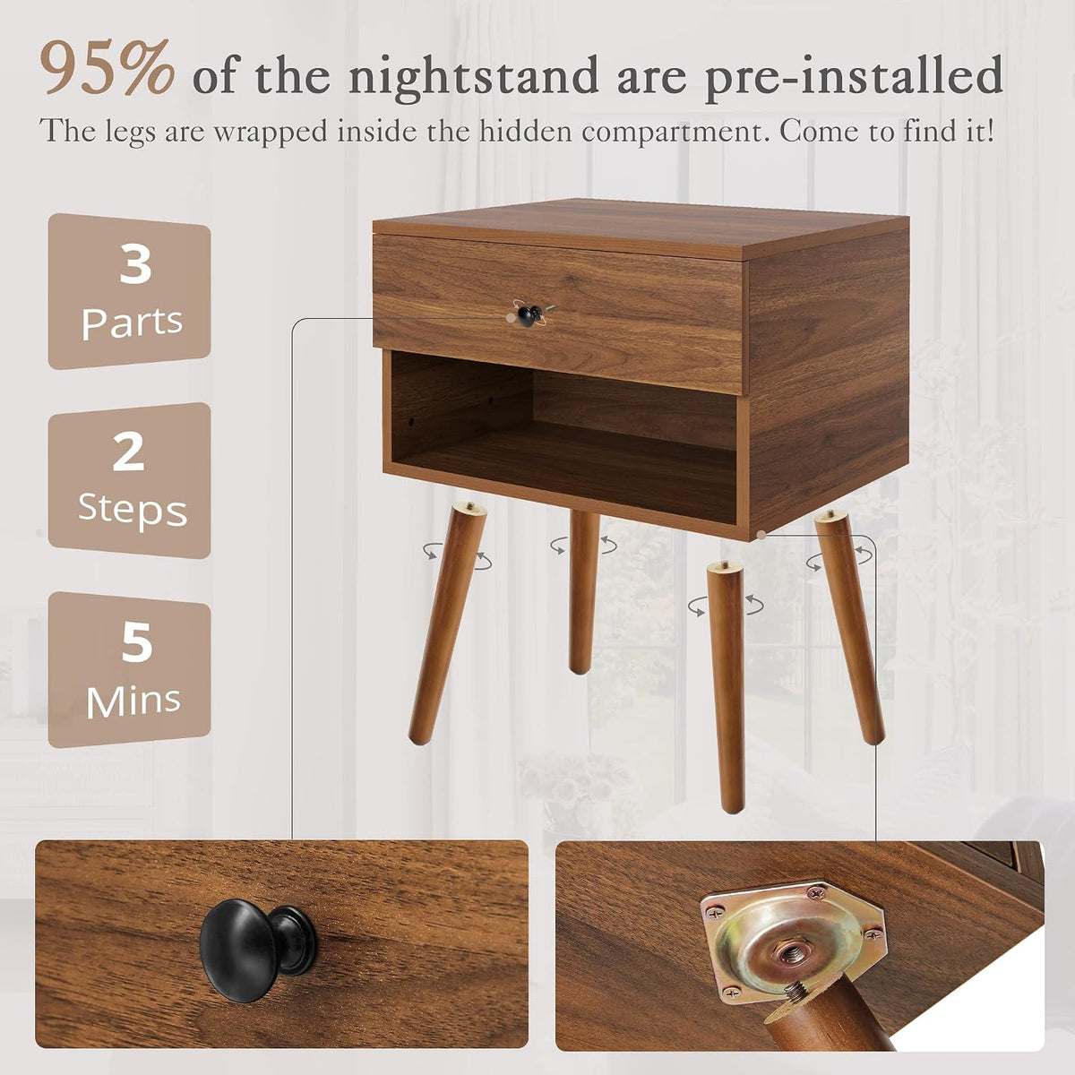 Hidden Compartment Night Stand Set 2, Mid Century Modern Concealment Furniture, End Table with Storage Drawer, Bedside Table with Wood Legs for Bedroom (2,Walnut)