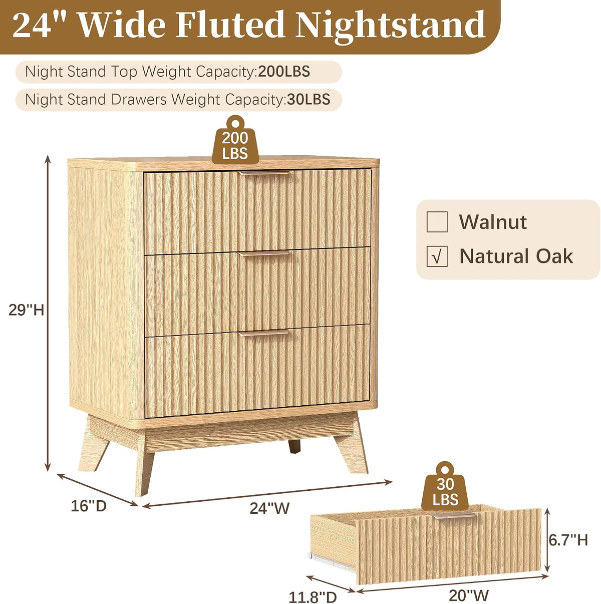 Turosur 24" Wide Fluted Nightstand with 3 Drawers for Bedroom, Oak