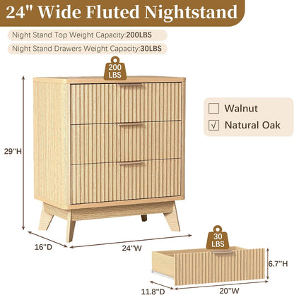 Turosur 24" Wide Fluted Nightstand with 3 Drawers for Bedroom, Oak