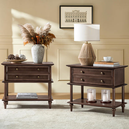 HULALA HOME Farmhouse Nightstand Set of 2 with Drawer & Open Shelf, Natural Wood End Table with Solid Wood Legs, 28.4'' Wide Sofa Side Table with Charging Station(Oak)