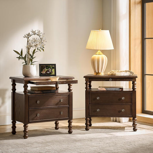 HULALA HOME 26" End Tables Set of 2 with Charging Station, Transitional 2 Drawer Wood Endtables with Pull-Out Shelf and Open Storage Space, Large Side Tables with Solid Wood Spindle Legs, Walnut
