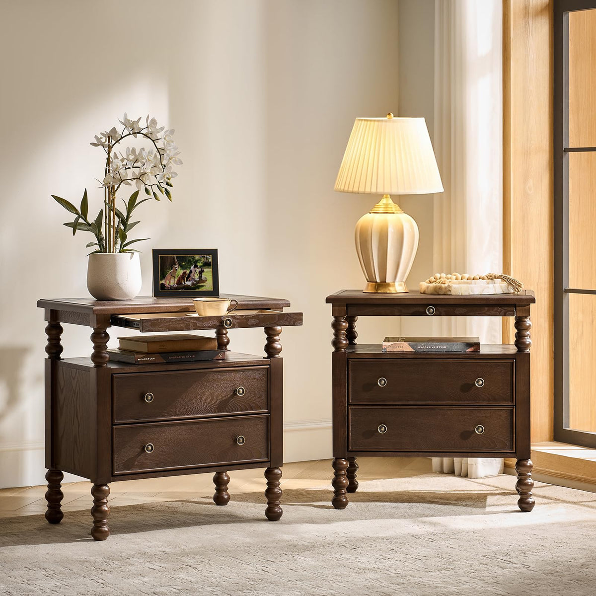 HULALA HOME 26" End Tables Set of 2 with Charging Station, Transitional 2 Drawer Wood Endtables with Pull-Out Shelf and Open Storage Space, Large Side Tables with Solid Wood Spindle Legs, Walnut