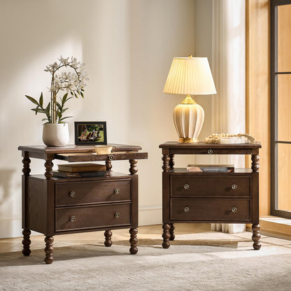 HULALA HOME 26" End Tables Set of 2 with Charging Station, Transitional 2 Drawer Wood Endtables with Pull-Out Shelf and Open Storage Space, Large Side Tables with Solid Wood Spindle Legs, Walnut