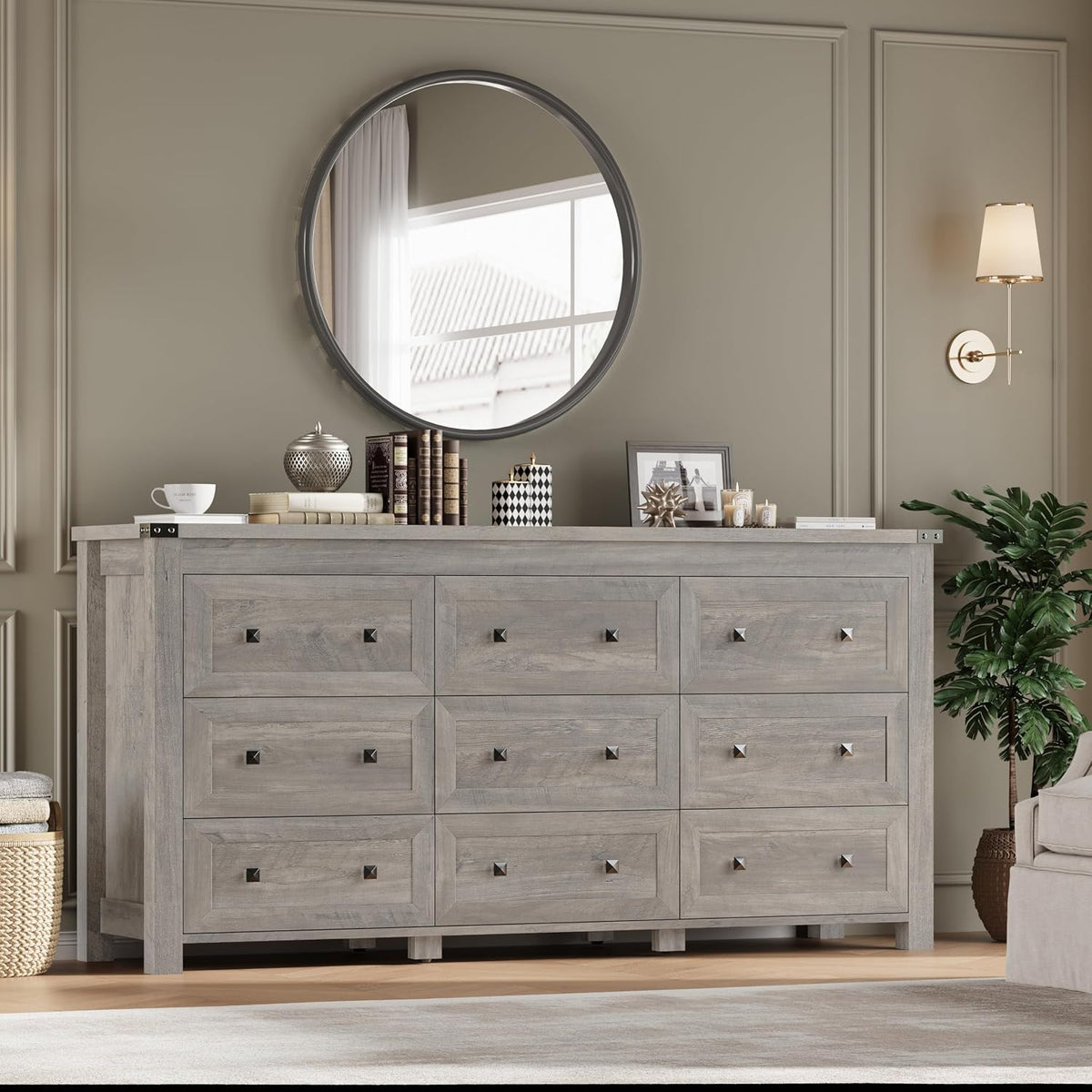 BORNOON 9-Drawer Dresser, Modern Wooden Storage Chest of Drawers, Dresser TV Stand, Wood Drawer Organizer with Metal Handles for Bedroom, Living Room, Hallway