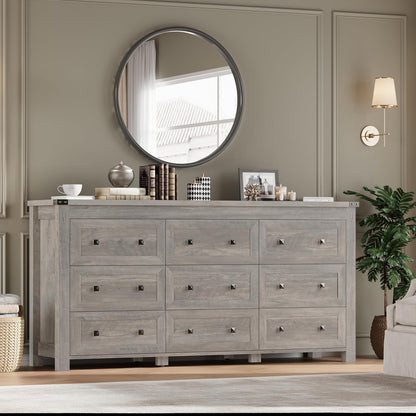 BORNOON 9-Drawer Dresser, Modern Wooden Storage Chest of Drawers, Dresser TV Stand, Wood Drawer Organizer with Metal Handles for Bedroom, Living Room, Hallway