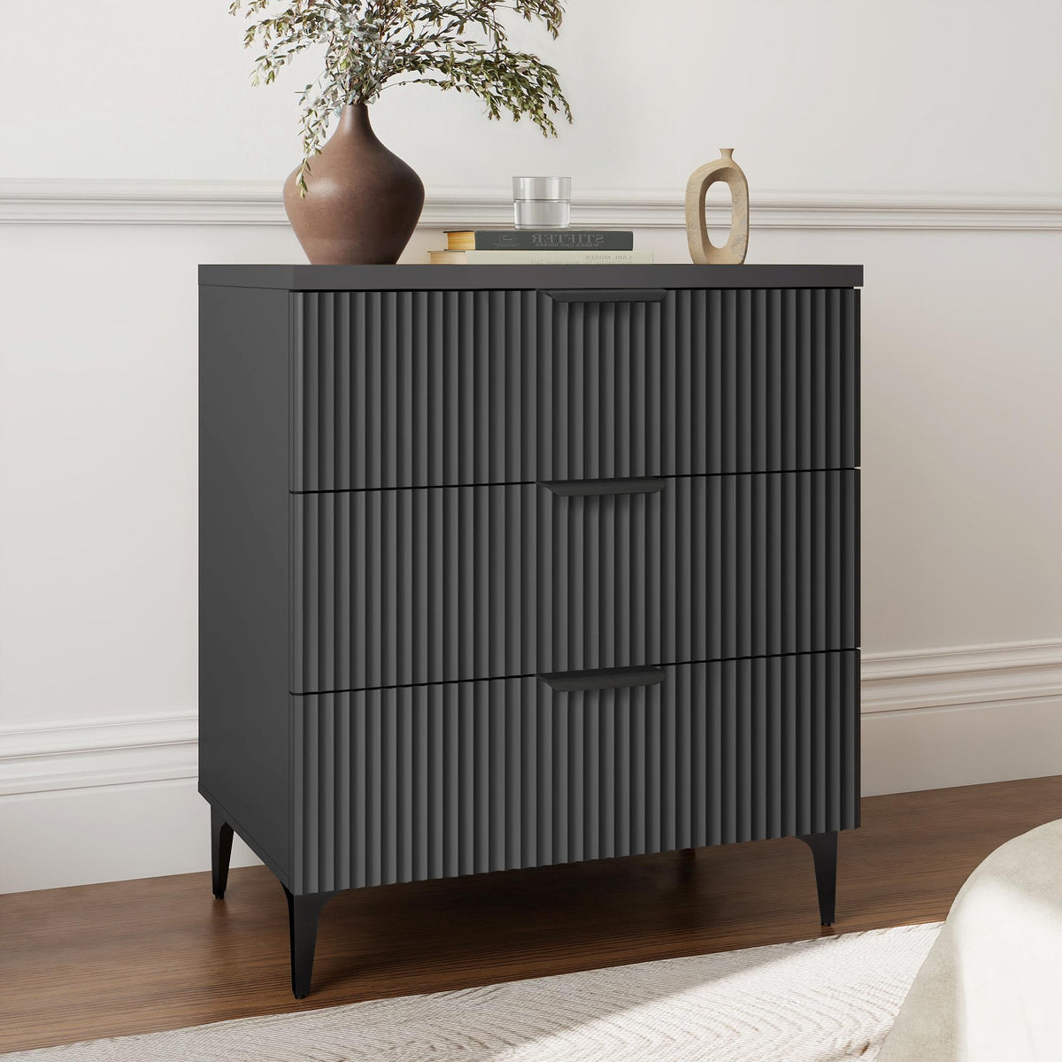 Walnut Fluted Nightstand Set of 2, Modern Night Stands with 2 Drawers