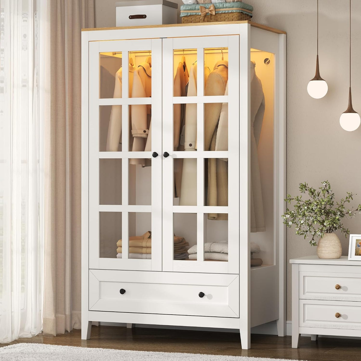 Gyfimoie Armoire Wardrobe Closet with LED Lights, 55'' Modern Clothing Storage Cabinet with Glass Doors and Drawer, Large Wardrobe Cabinet with Hanging Rod for Bedroom