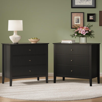 RoyalCraft 32" Large Nightstand Set of 2, Fluted Painted Bedside Table with 3 Spacious Drawers, Modern Tall End Table for Bedroom, Beige
