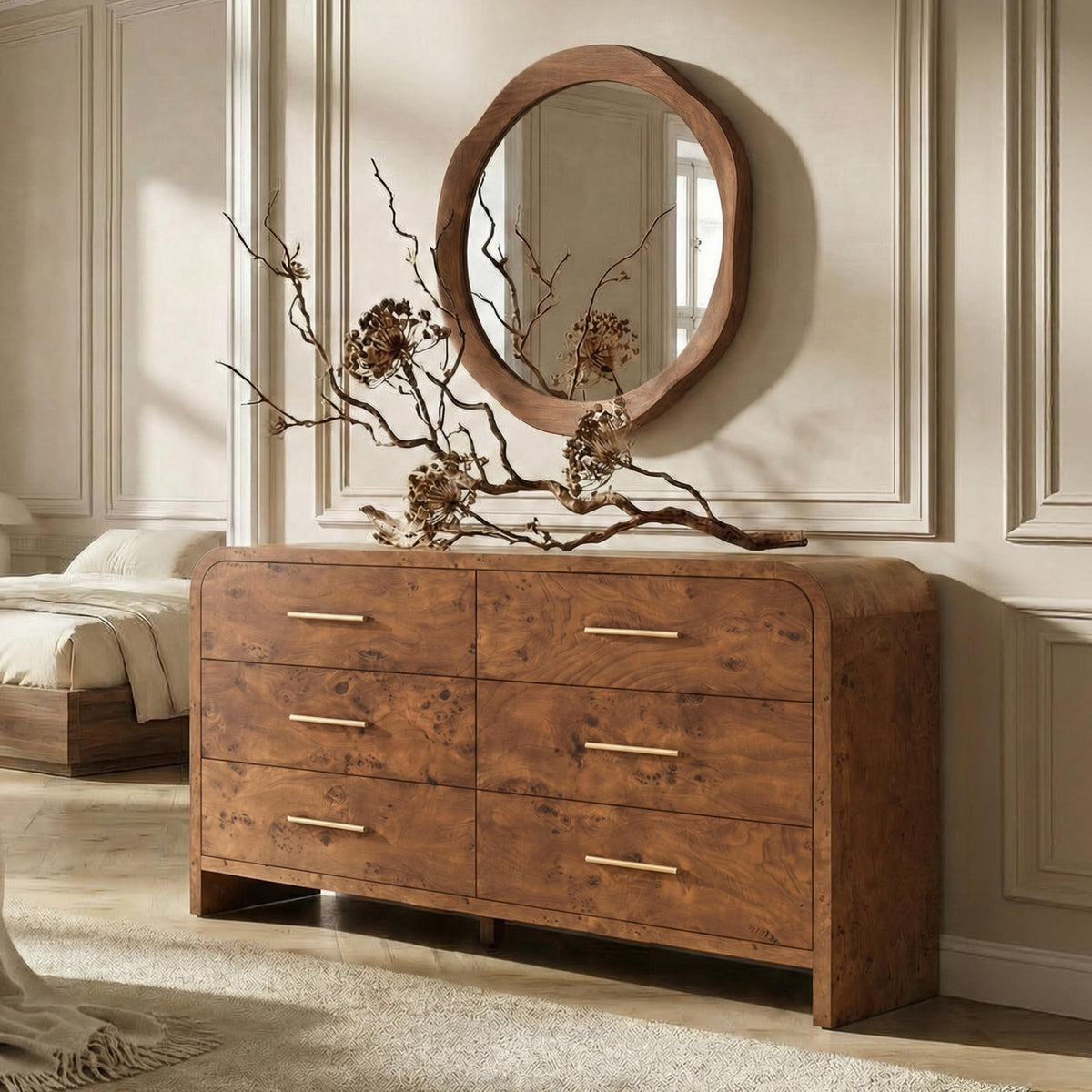 Curved 9-Drawer Dresser for Bedroom, 63" Wide Modern Chest of Drawers, Vanity Desk TV Stand for Living Room, Closet Storage Drawers Organizer Furniture, Nursery, Hallway, Dark Burl