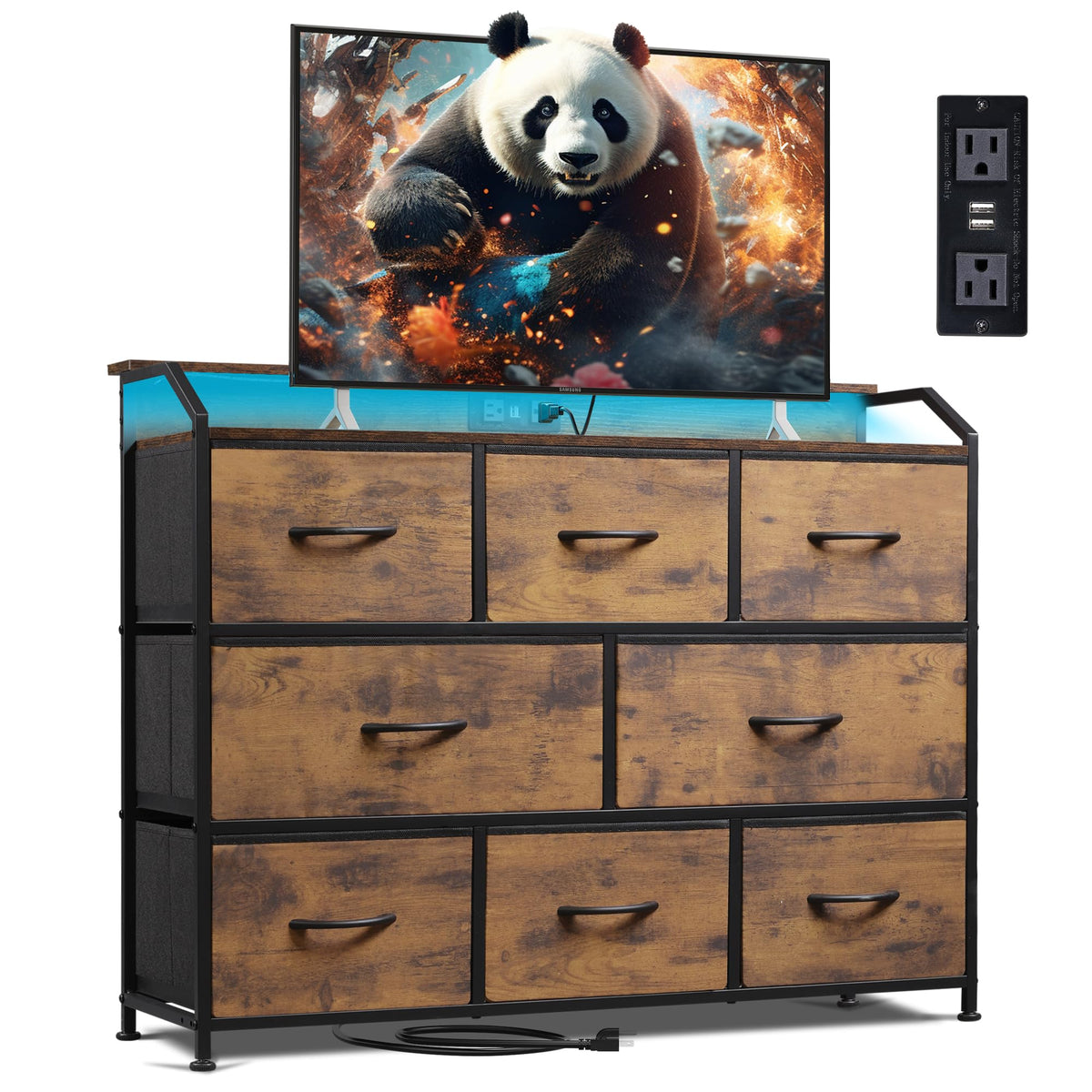 WLIVE Wide Dresser for Bedroom, 8 Drawer Chest of Drawers, Black Wood Grain