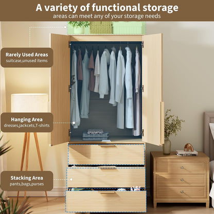 IDEALHOUSE 70" Wardrobe Armoire Wooden Closet with 2 Doors and 3 Drawers, Bedroom Armoire with Hanging Rod Shelf, Large Capacity Storage Wardrobe Armoire, Wooden Storage Cabinet, Art Deco, Natural