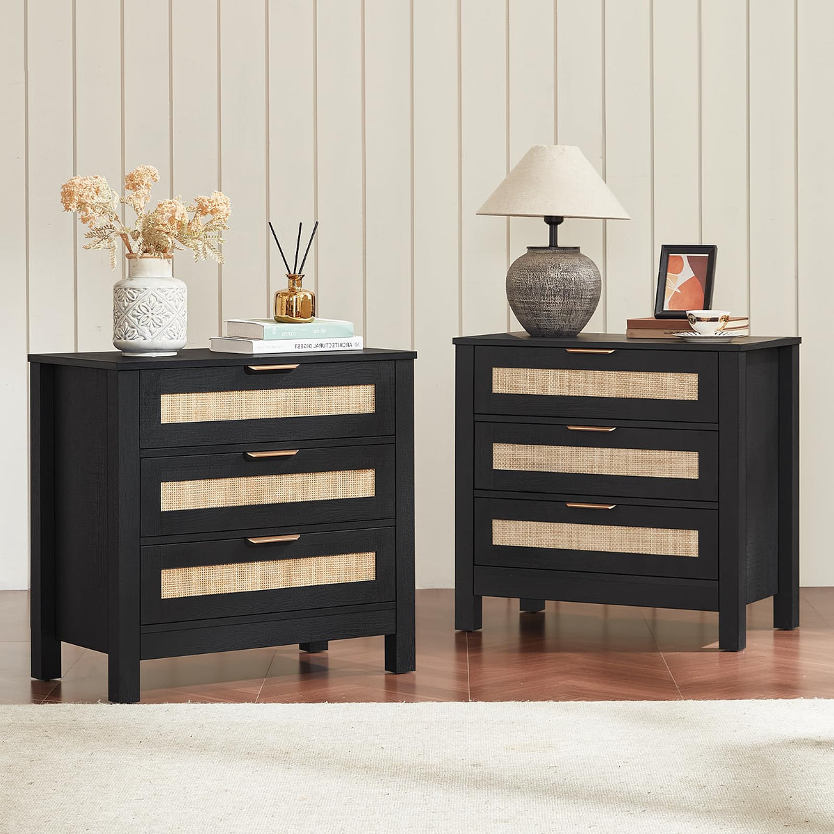 LEYAOYAO 26.8" Wide Rattan Nightstand, Large Boho 3 Drawer Night Stand