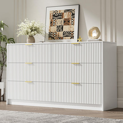MAISONARIA 55" Wide Fluted 6-Drawer Double Dresser for Bedroom, Black