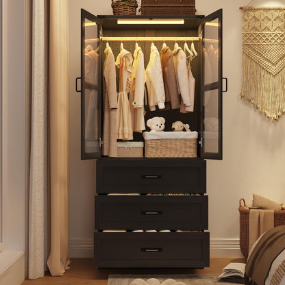 75" Tall Farmhouse 2 Doors Armoire Wardrobe Closet with 3 Drawers and LED,Freestanding Closet Wardrobe Cabinet for Bedroom with Hanging Rod,Wooden Armoire Storage Cabinet with Adjustable shelve(Black)