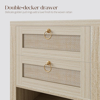Rattan Nightstand with Charging Station - Boho Night Stand with 2 Drawers