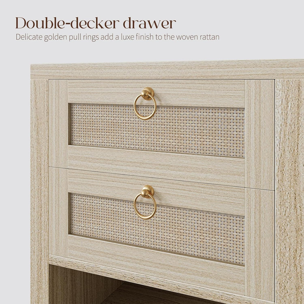Rattan Nightstand with Charging Station - Boho Night Stand with 2 Drawers