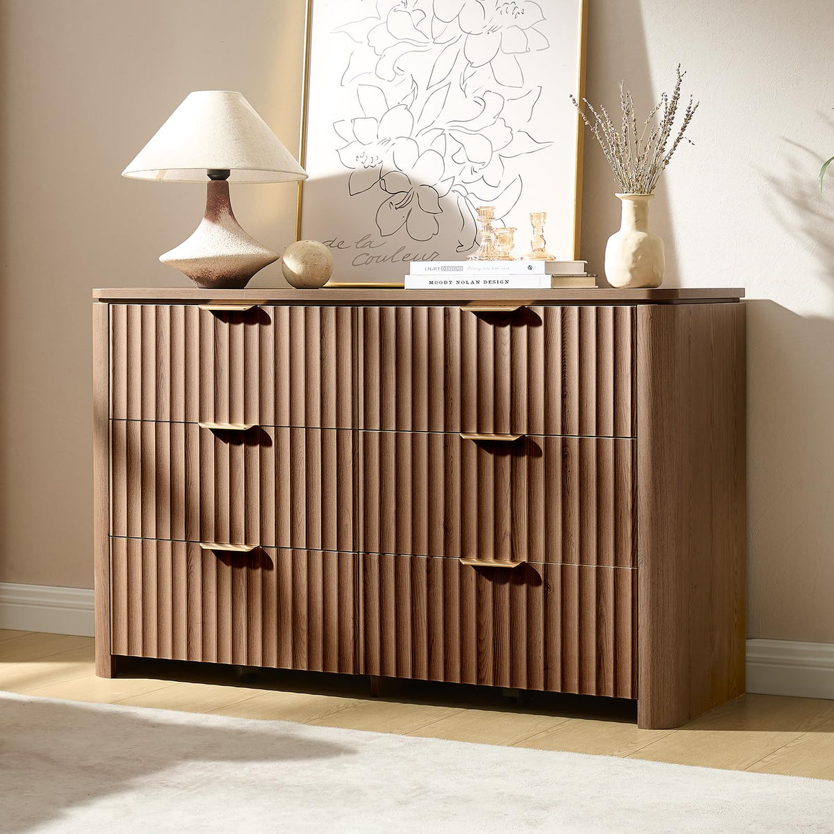 Fluted Nightstand Set of 2 with Charging Station, 23.7" Wide Modern End Table with 2 Drawers, Wooden Bedside Table for Bedroom, Curved Profile Design, Natural