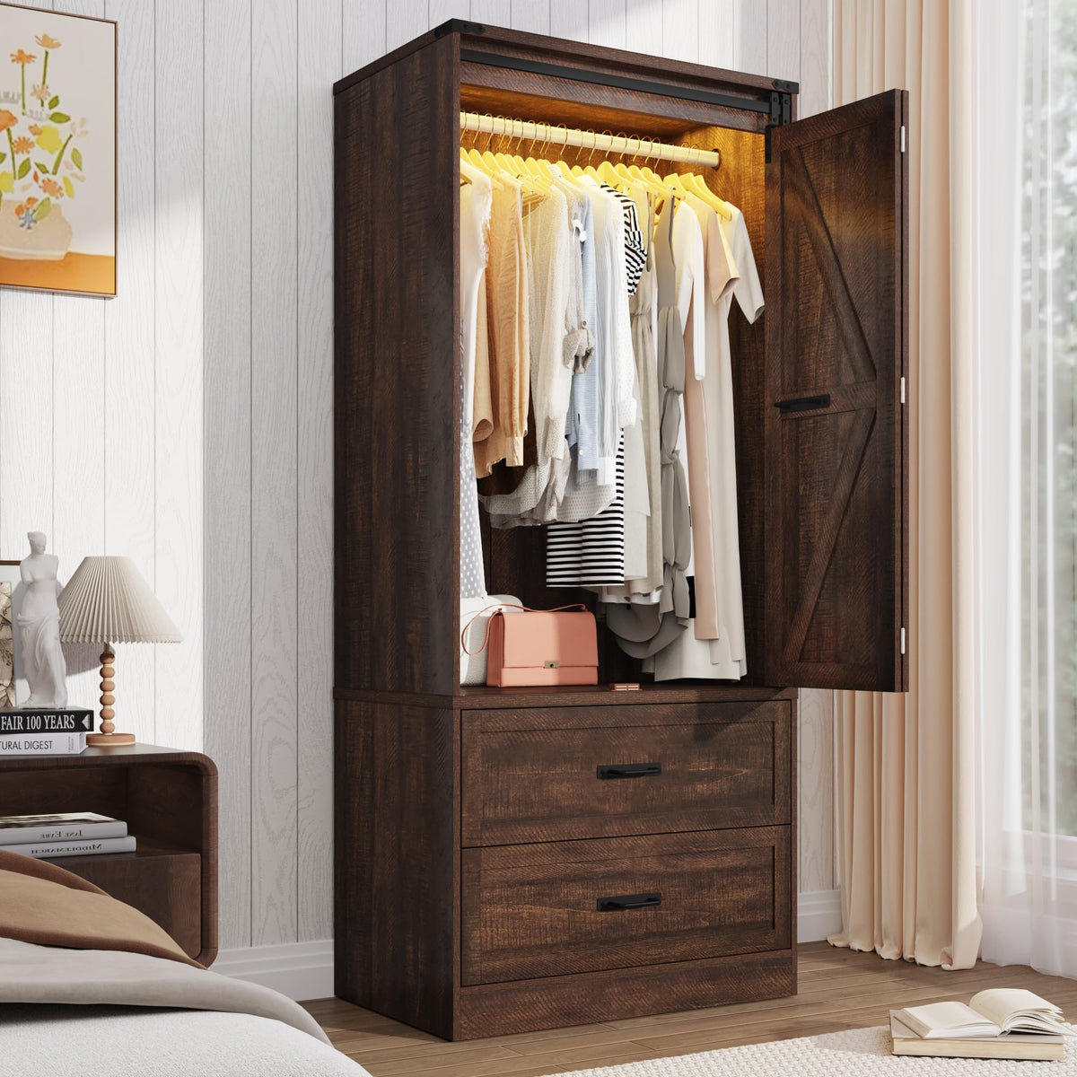 2 Doors Armoire Wardrobe Closet w/ Folding Sliding Barn Door,Rustic Black