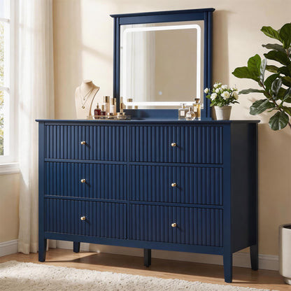 RoyalCraft 6 Drawer Dresser, Fluted Modern Wood Chest of Drawers, Long Dresser for Bedroom TV Stand Storage Cabinet for Living Room, Blue