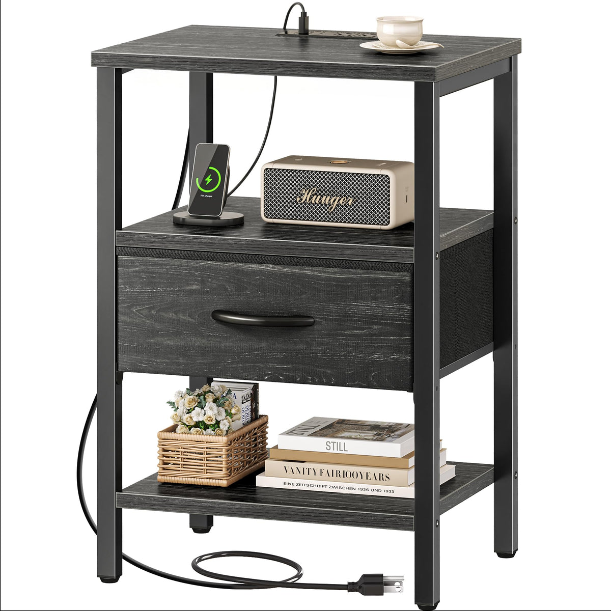 SUPERJARE Nightstand with Charging Station, USB-C Port, Bedside Table