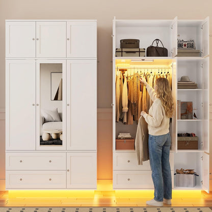 92.2" Tall Armoire Wardrobe Closet with Mirror & Motion Sensor Light, Large Storage Cabinet with 2 Drawers, Hanging Rod & Adjustable LED Strip, Anti-Tipping Wood Bedroom Furniture, 47.4"L, White