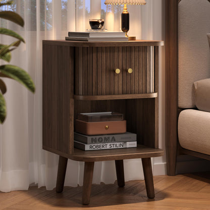 Decofy Fluted Nightstand Set of 2, Charging Station & Sliding Doors, Walnut