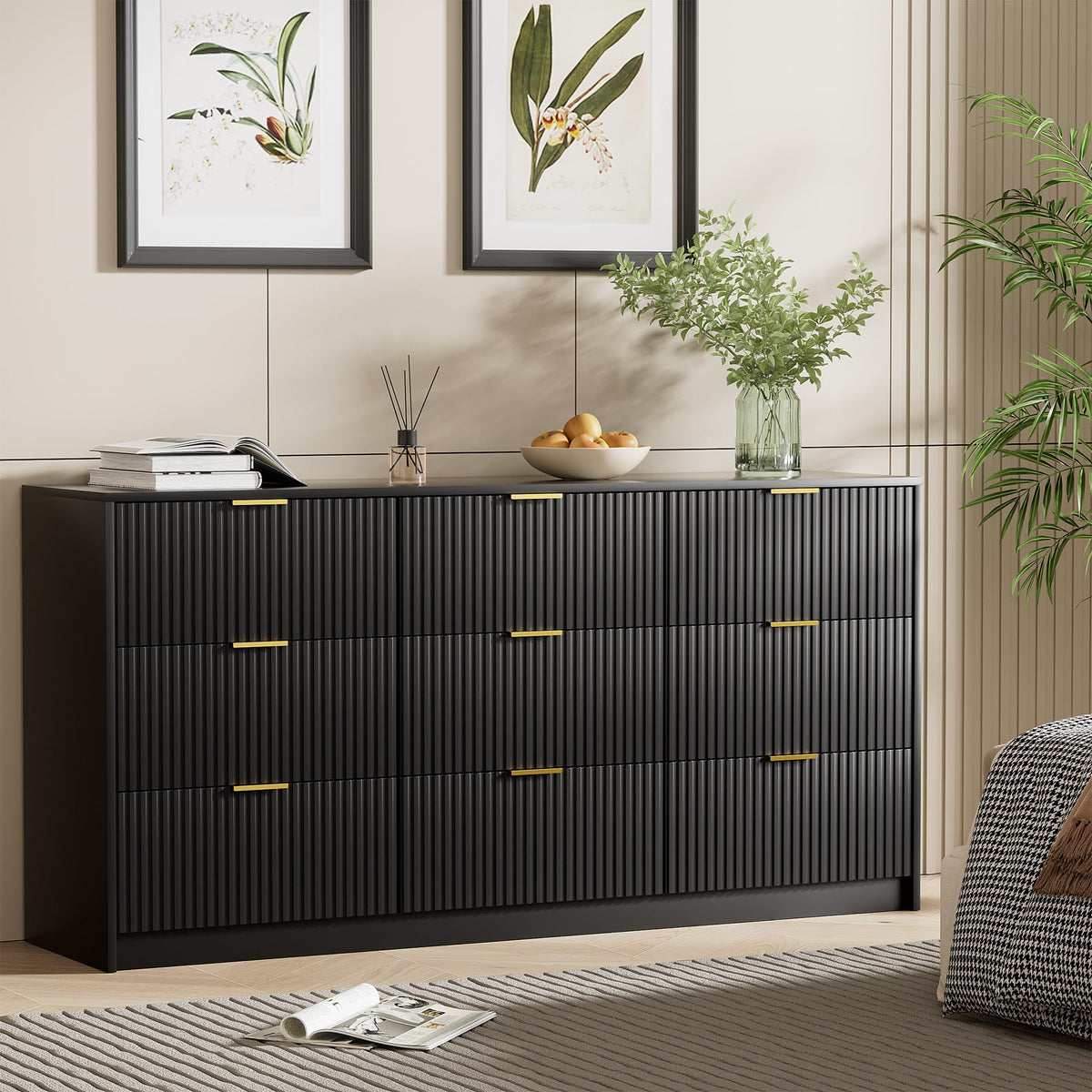 Furniway 55" Wide Green Dresser for Bedroom, Fluted 8 Drawer Dresser