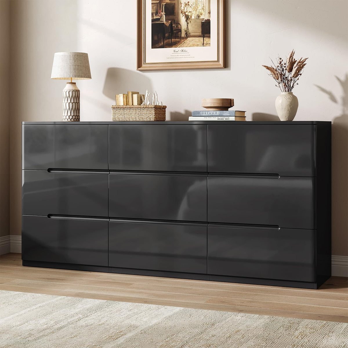 10 Drawer Dresser for Bedroom, 55" Long High Gloss Dresser, White
