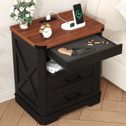 Yusong Farmhouse Night Stand with Gun Drawer & Invisible Lock, Rustic Wooden Night Stand with Charging Station, Beside Table with Drawers and Open Storage, End Tables for Bedroom, (White 004)