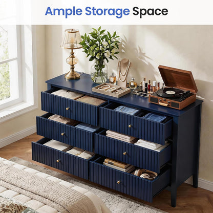 RoyalCraft 6 Drawer Dresser, Fluted Modern Wood Chest of Drawers, Long Dresser for Bedroom TV Stand Storage Cabinet for Living Room, Blue