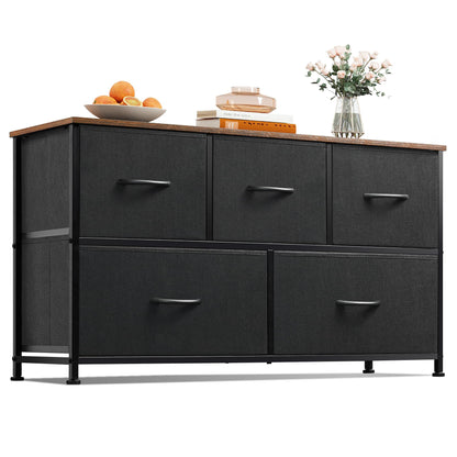 WLIVE Wide Dresser for Bedroom, 5 Drawer Chest of Drawers, Dark Grey