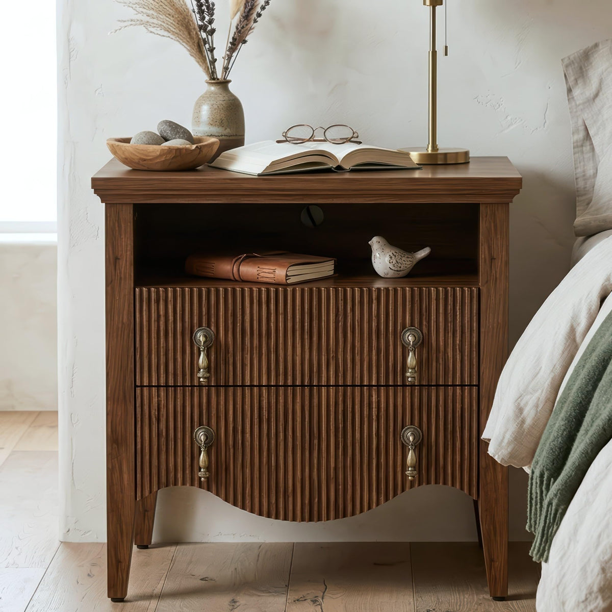 FUSUNBAO 5-Drawer 47" Tall Fluted Dresser, Vertical Chest of Drawers,Walnut
