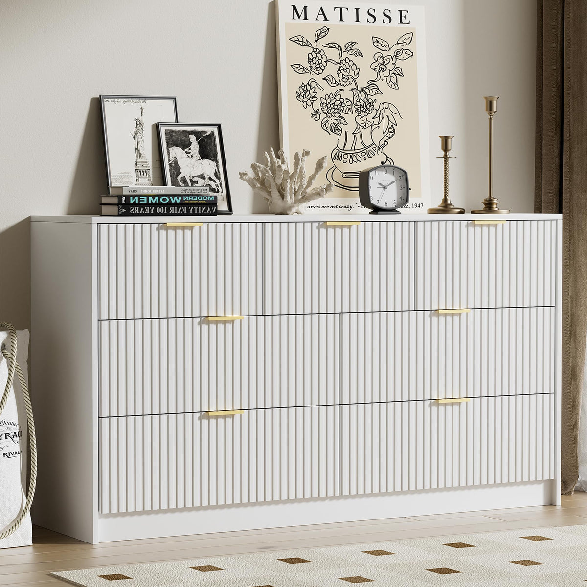 Furniway 55" Wide Green Dresser for Bedroom, Fluted 8 Drawer Dresser