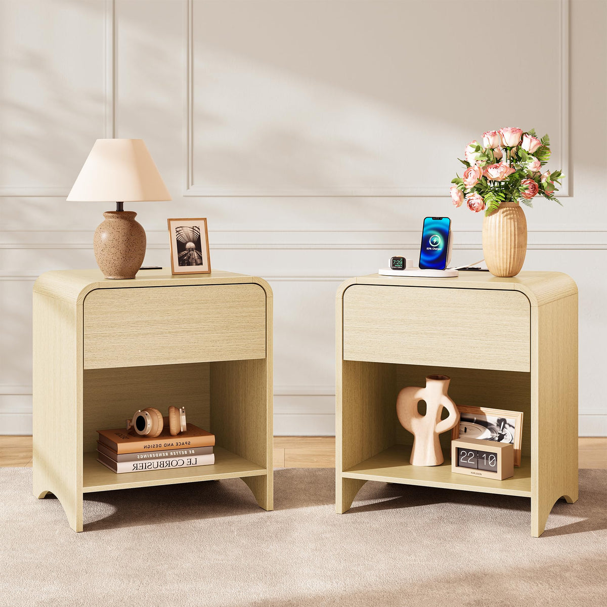 Decofy Nightstand Set of 2 with Charging Station & 2 Hidden Drawers, Walnut
