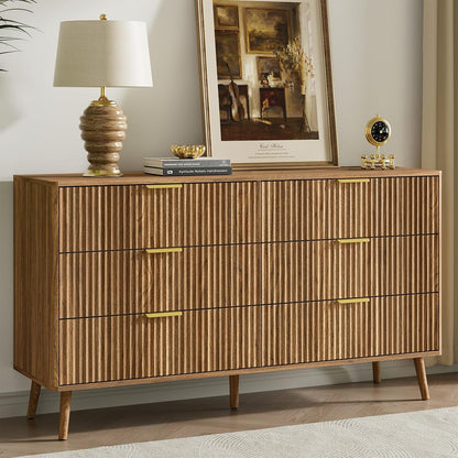 LYNSOM 55" Wide Fluted Dresser for Bedroom with 6 Drawer, Modern Chest of Drawers with Curved Profile Design and Metal Handles, Wood Dresser TV Stand & Storage Organizer for Living Room, Walnut