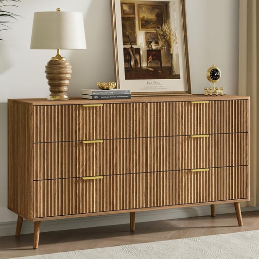 LYNSOM 55" Wide Fluted Dresser for Bedroom with 6 Drawer, Modern Chest of Drawers with Curved Profile Design and Metal Handles, Wood Dresser TV Stand & Storage Organizer for Living Room, Walnut
