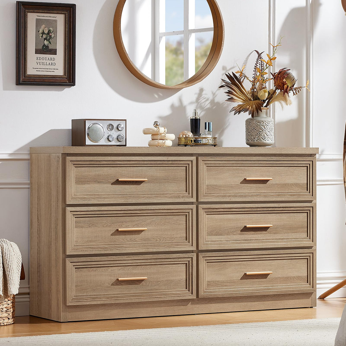 RWYHG 55.1" Wide Farmhouse 6 Drawers Dresser for Bedroom, Light Walnut