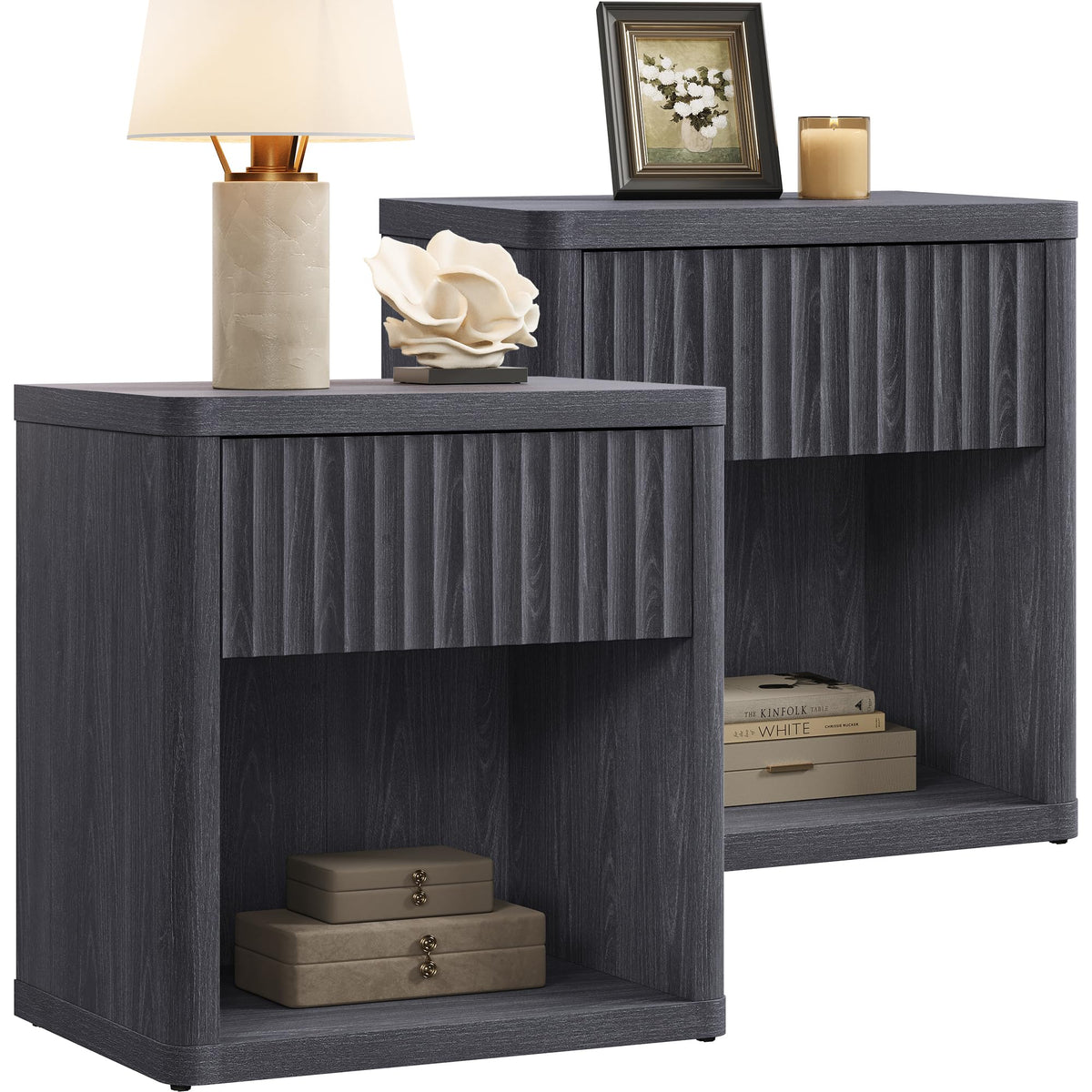 SICOTAS Night Stand Set of 2 Nightstands with Drawer Storage Fluted Bed Side Table End Table Large Modern Wide Bedside Stand Mid Century Night Stands for Bedroom Living Room Sofa Office, White Alder