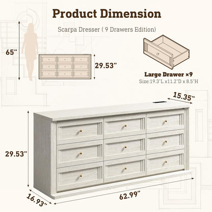 9 Drawer Dresser for Bedroom, 63” Chest of Drawers with Charging Station