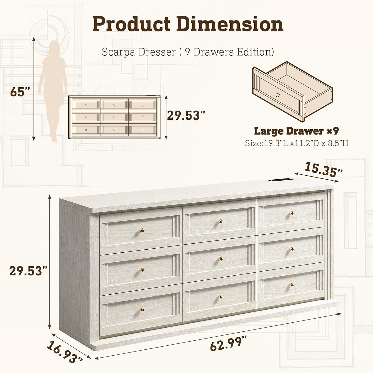 9 Drawer Dresser for Bedroom, 63” Chest of Drawers with Charging Station