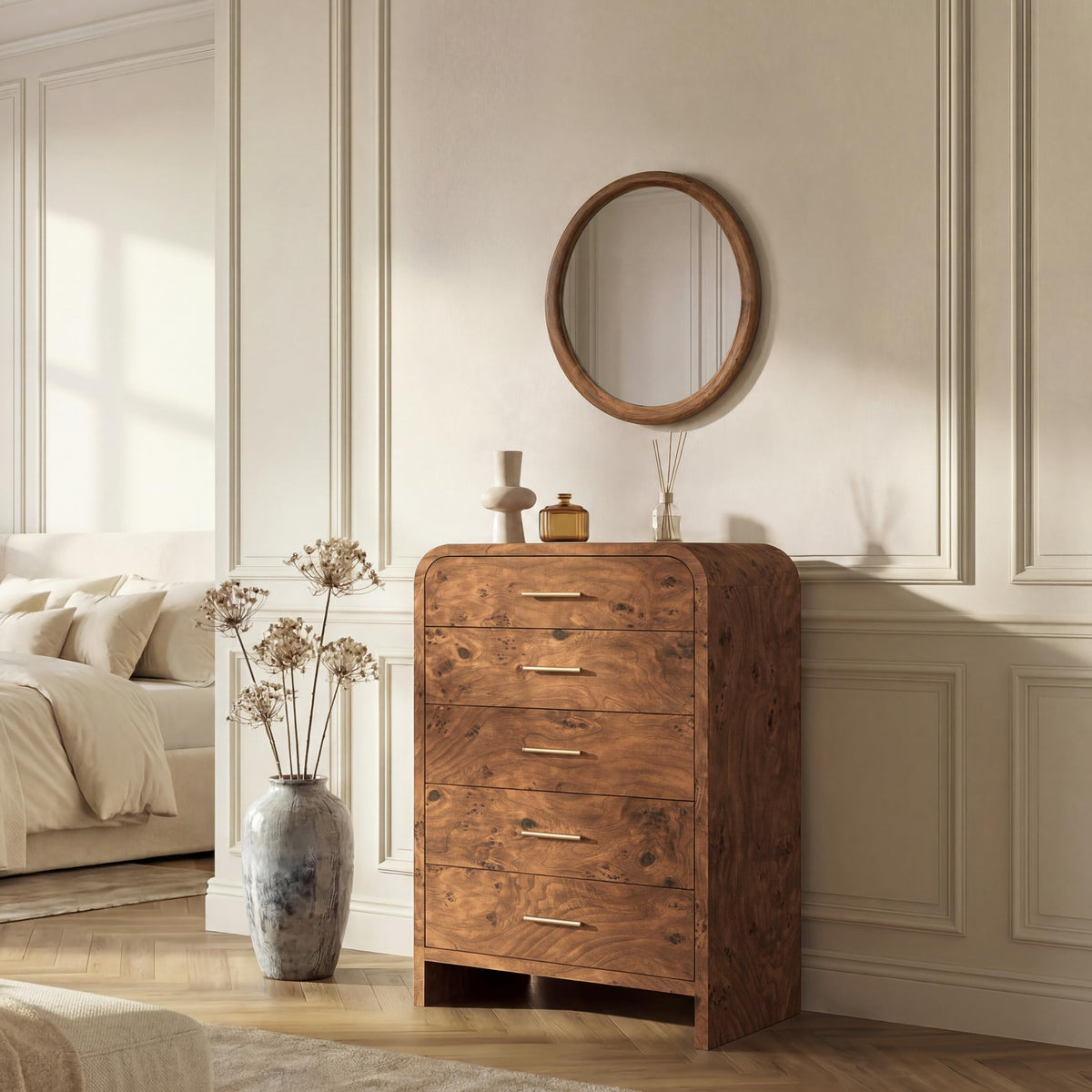 Curved 9-Drawer Dresser for Bedroom, 63" Wide Modern Chest of Drawers, Vanity Desk TV Stand for Living Room, Closet Storage Drawers Organizer Furniture, Nursery, Hallway, Gray Oak