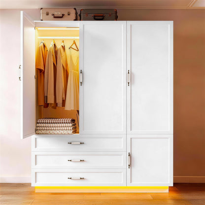 72" Wooden Armoire Wardrobe Closet with 3 Door Black Bedroom Armoire with LED Light 3 Drawers Large Modern Wardrobe Cabinet with Retro Ceramic Door Handles and Removable Hanging Rod