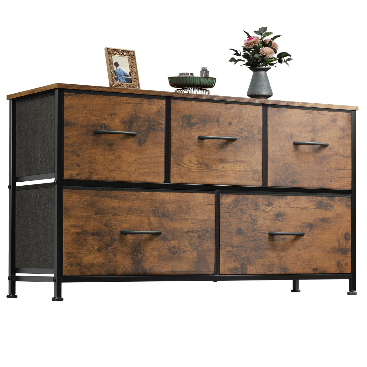 WLIVE Wide Dresser for Bedroom, 5 Drawer Chest of Drawers, Dark Grey