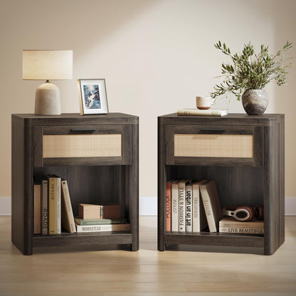 VASAGLE Set of 2 Boho Nightstands with Rattan-Look Drawer