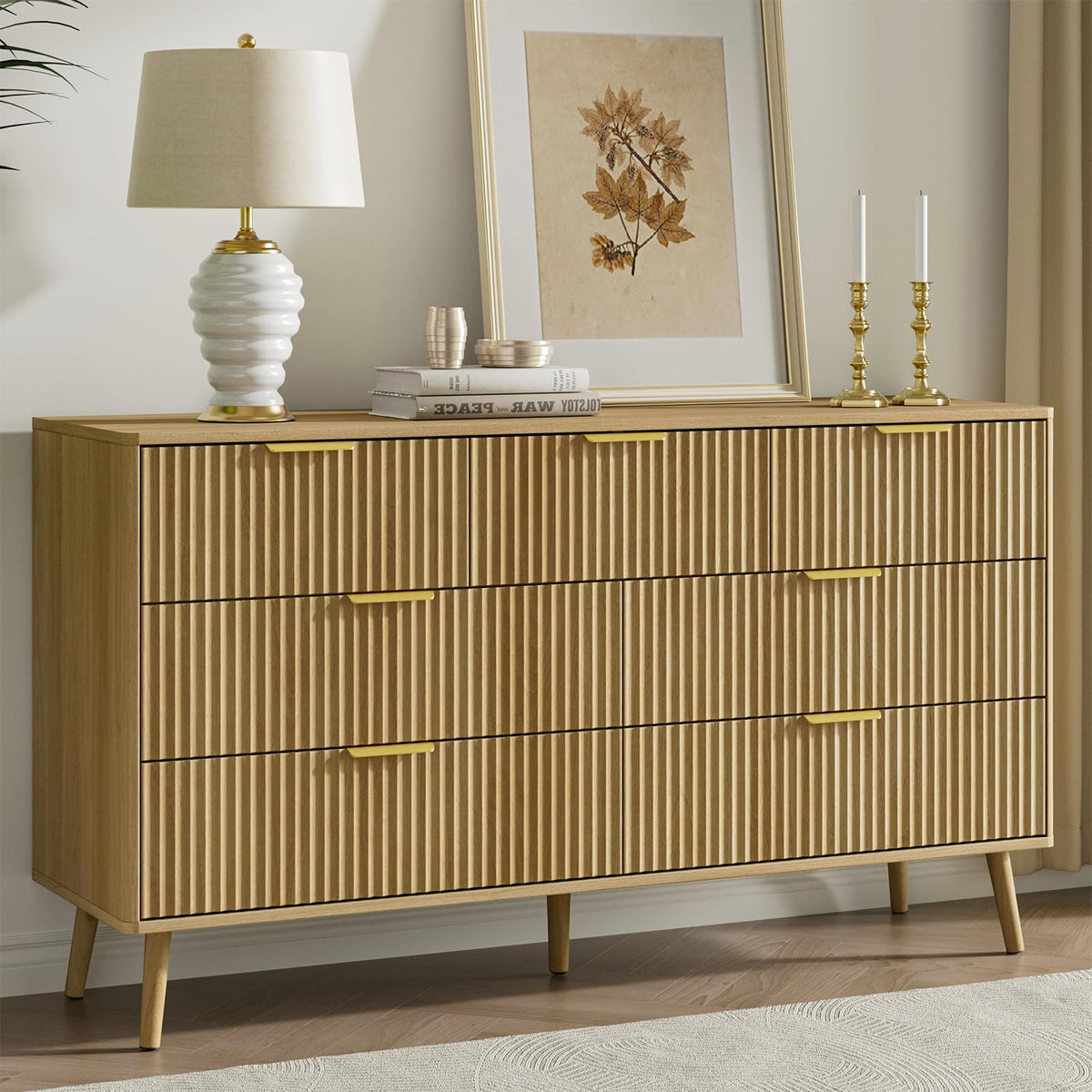 LYNSOM 55" Wide Fluted Dresser for Bedroom with 6 Drawer, Modern Chest of Drawers with Curved Profile Design and Metal Handles, Wood Dresser TV Stand & Storage Organizer for Living Room, Walnut