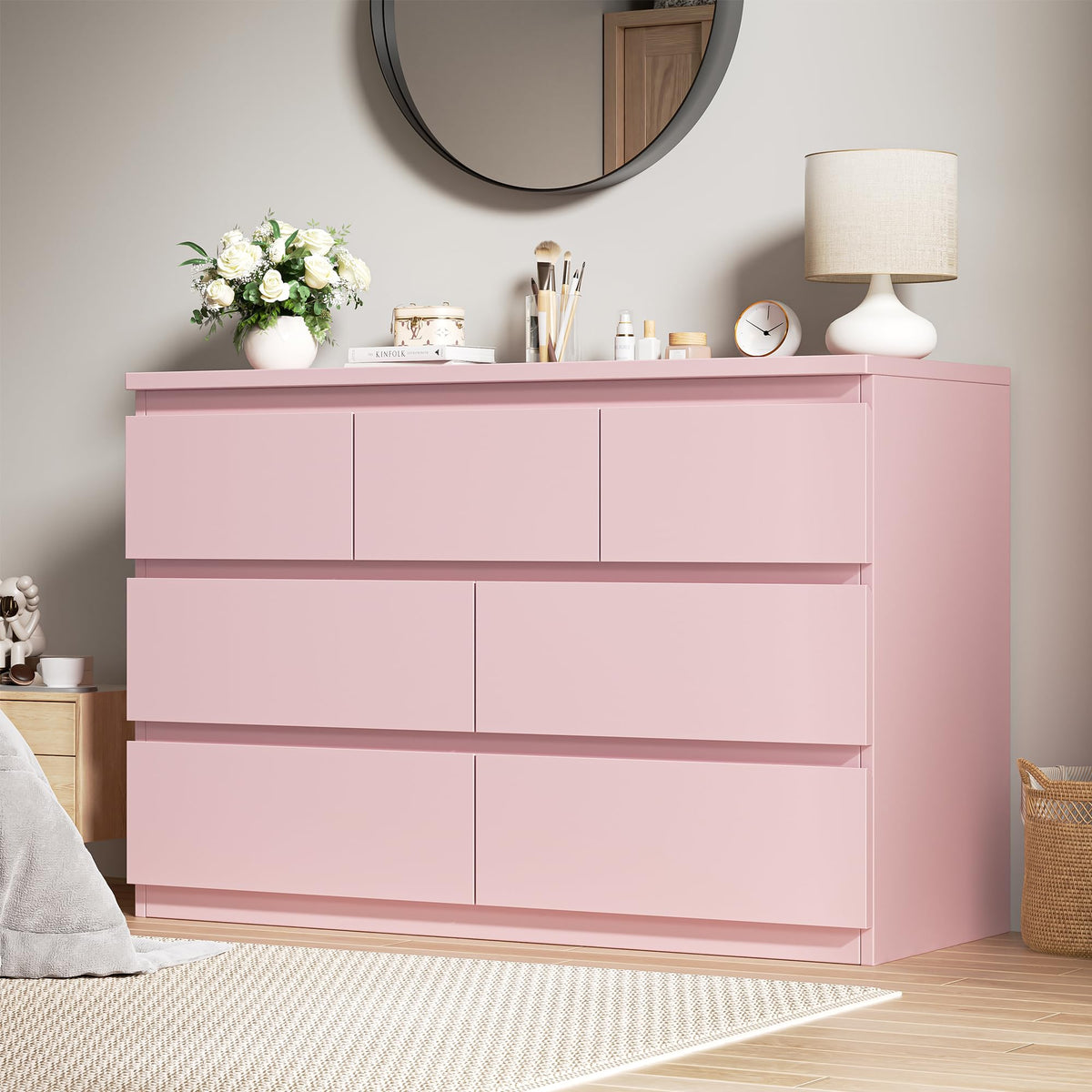 Jocoevol Modern White 7 Drawer Dresser for Bedroom, Simply Chest of Drawers, Wood Storage Dresser with Deep Drawers for Living Room Hallway Entryway, White