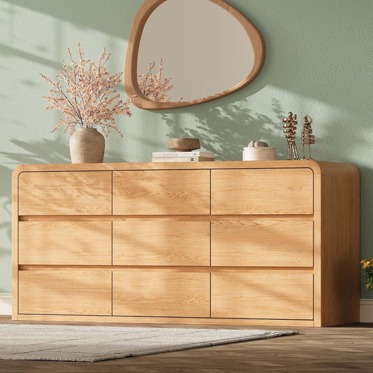 Modern 63" Wide 9 Drawers Dresser with Curved Profile Design,Oak