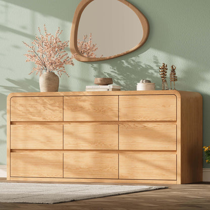 Modern 63" Wide 9 Drawers Dresser with Curved Profile Design,Oak